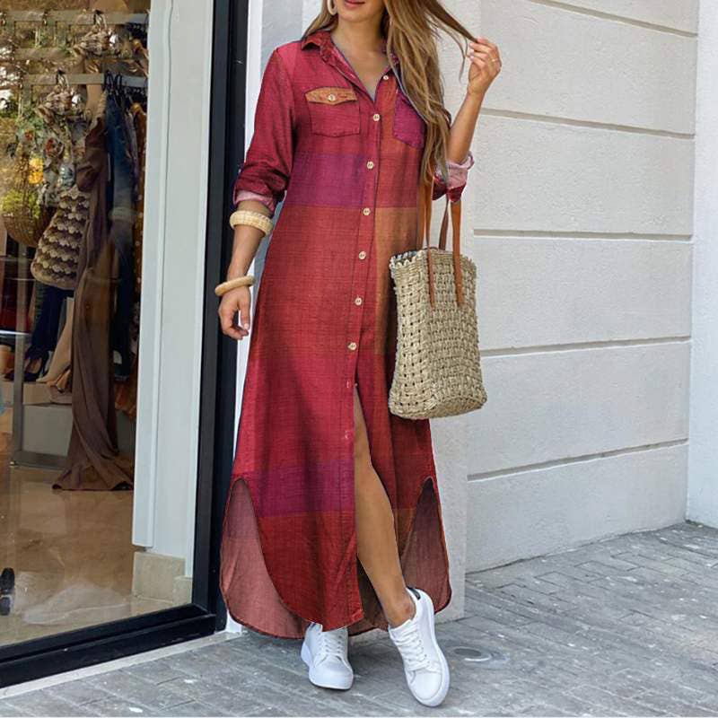 Ladies Plaid Shirt Feeling Relaxed Daily Long Dress 9237