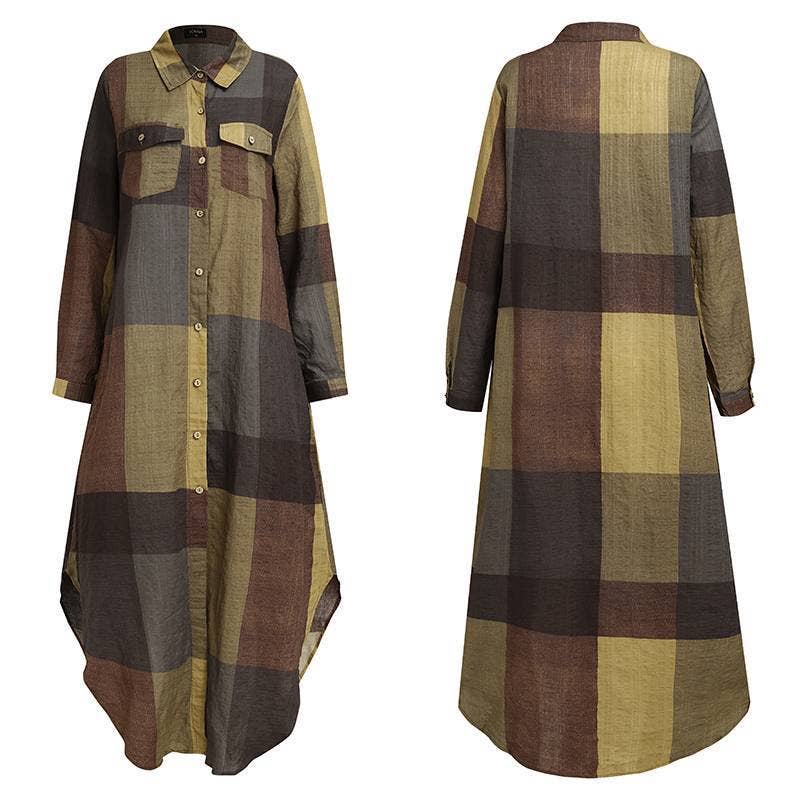 Ladies Plaid Shirt Feeling Relaxed Daily Long Dress 9237
