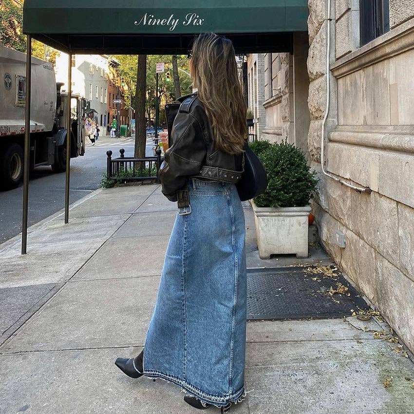 Sweetkama Denim High Waist Hip Wrap Ladies Denim Long Skirt