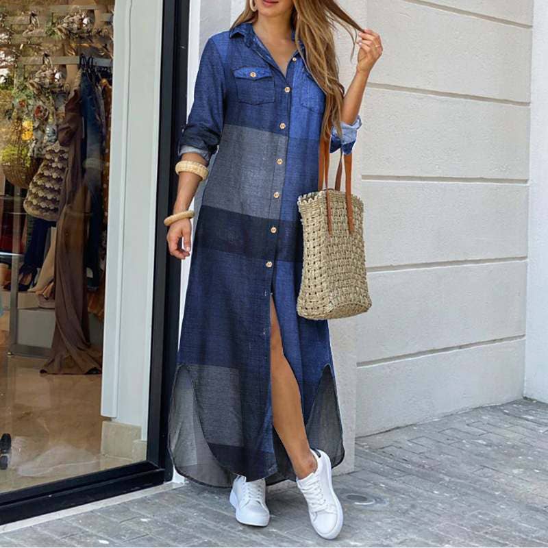 Ladies Plaid Shirt Feeling Relaxed Daily Long Dress 9237