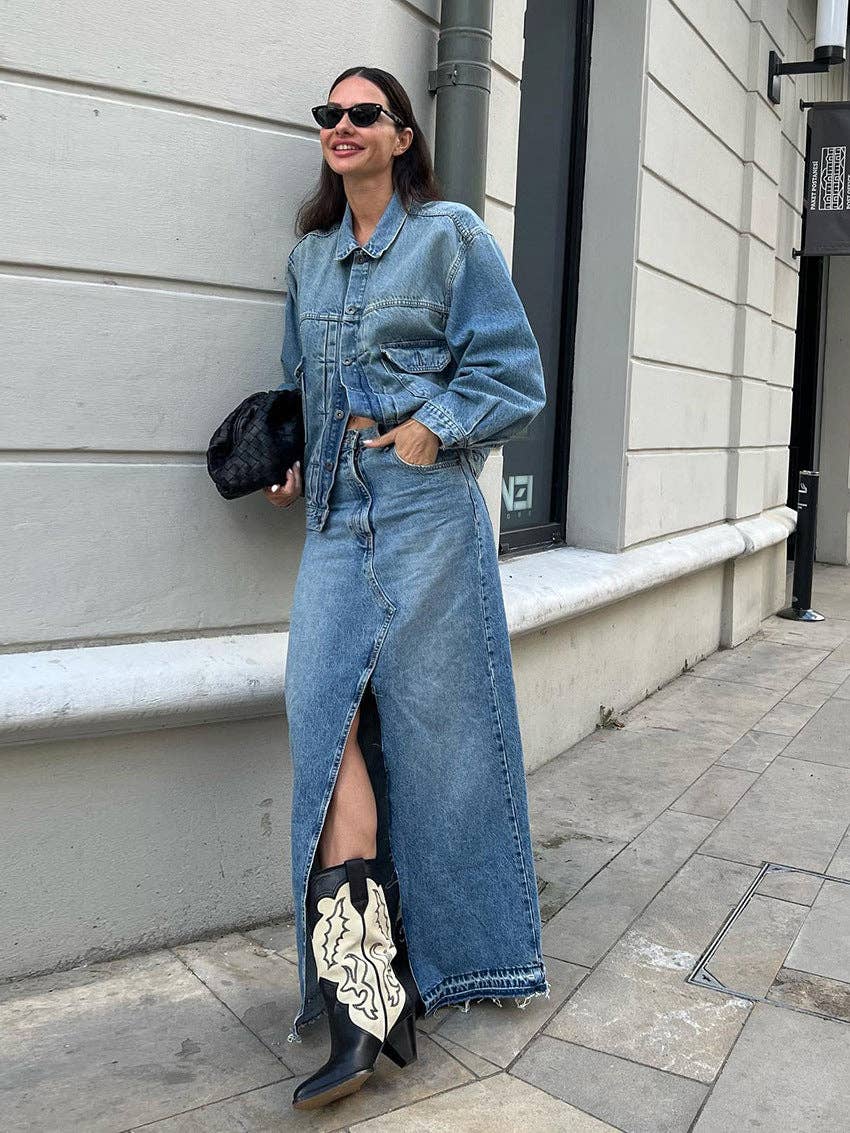 Sweetkama Denim High Waist Hip Wrap Ladies Denim Long Skirt
