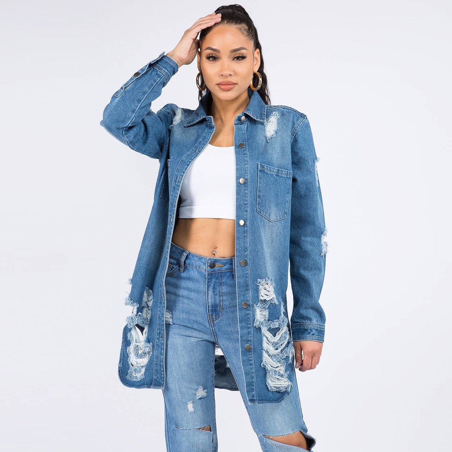 PLUS SIZE LONG LENGTH DENIM SHIRTS JACKET-RJK3712SIP