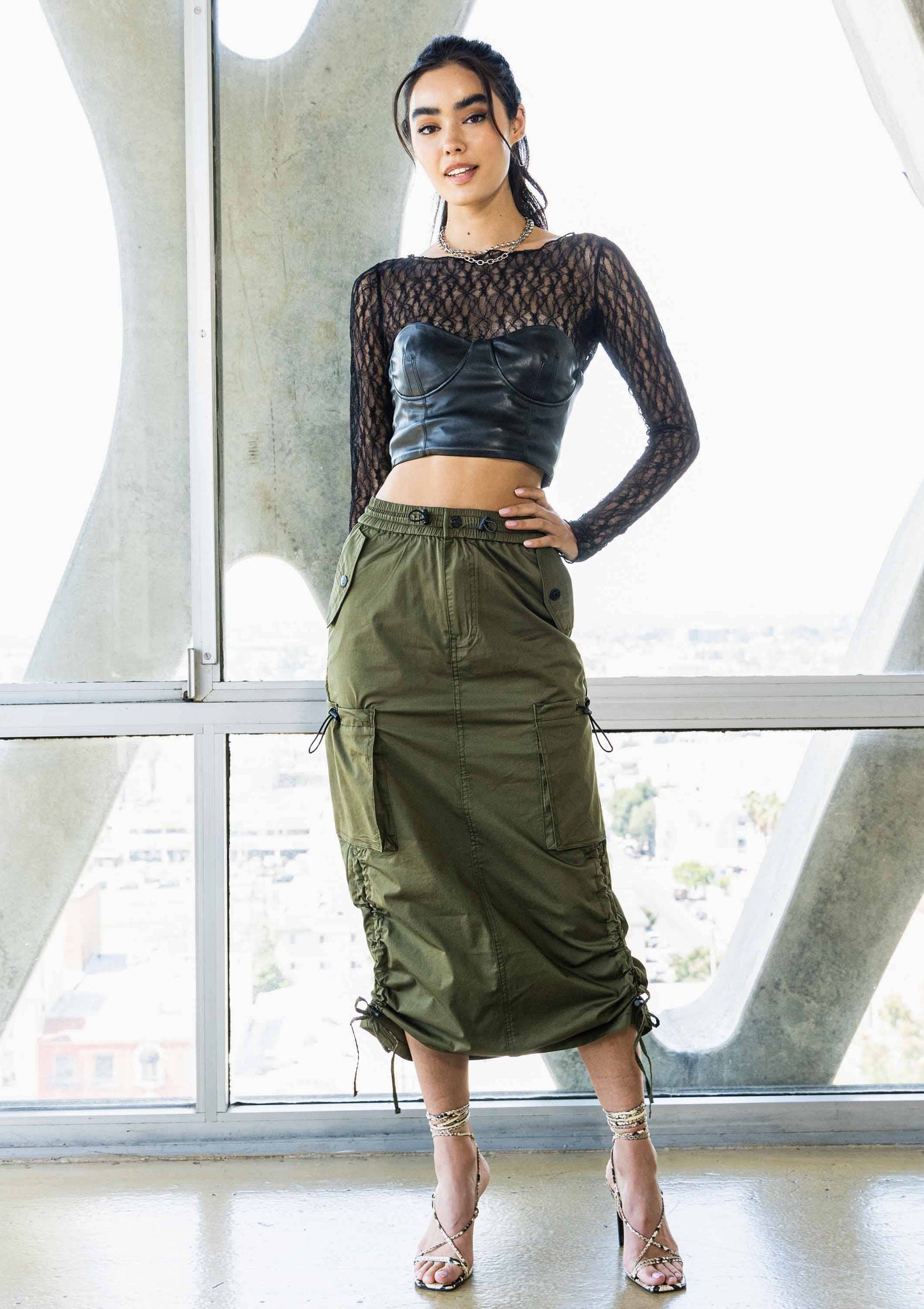 Drawstring Side Flap Y2K Cargo Column Skirt: S / Olive