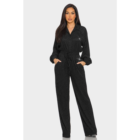 Crinkled Rhinestone Button Down Shirt Pant Set