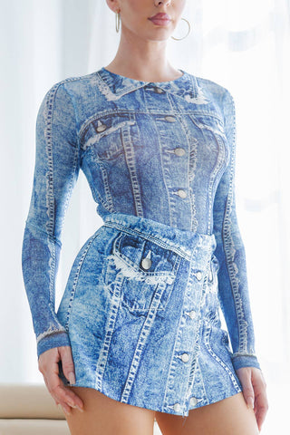 Denim Print Mesh Long Sleeve Bodysuit