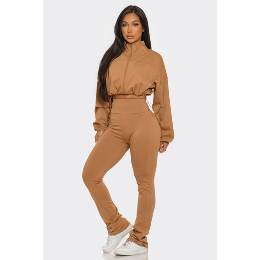 Cropped Zip Up and High Waist Jogger Set