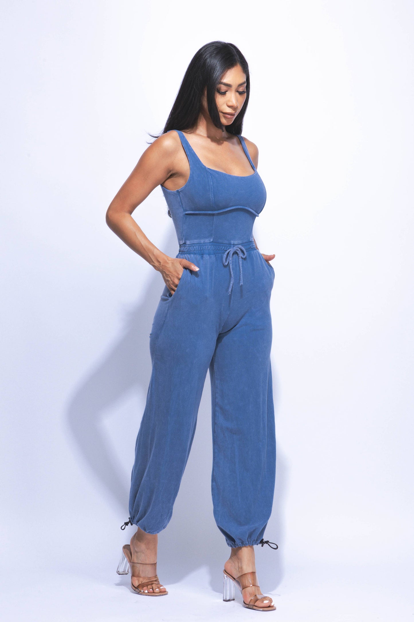 Washed jumpsuit with adjustable ankle