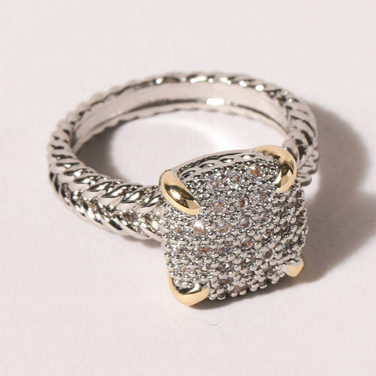 Square Shape Wire Texture Pave CZ Ring