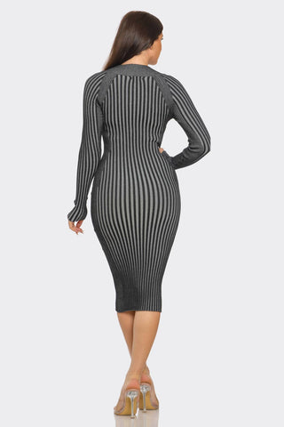 Sweater Rib Long Sleeve Front Zipper Detail Midi Dress