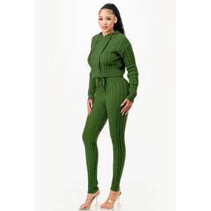 ZIP UP CABLE HOODIE SWEATER SET: ARMY GREEN / XL