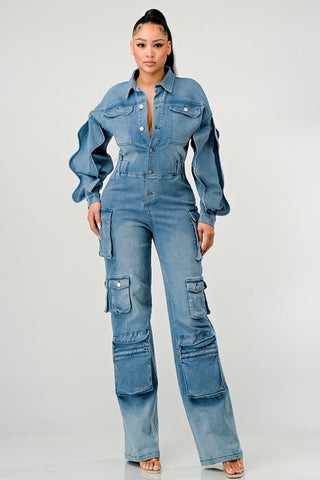 DENIM CARGO RUFFLE SLEEVE JUMPSUIT