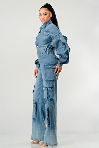 DENIM CARGO RUFFLE SLEEVE JUMPSUIT