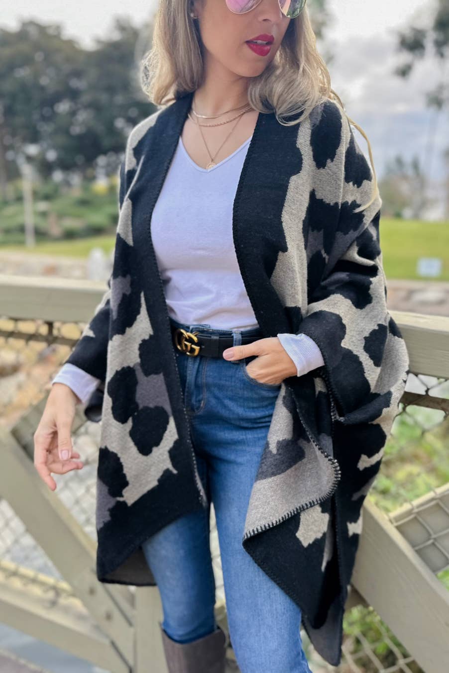 Black Leopard Printed Knitted Cozy Kimono Cardigan