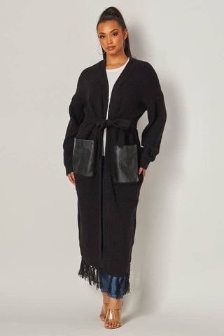 Black Cardigan with Leather (PU) Pockets