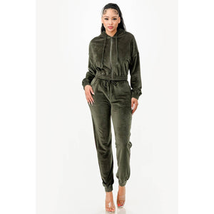 VELOUR HOODIE SET: HUNTER GREEN / M