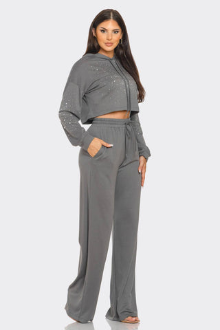 Rhinestones Cropped Hoodie Top Pants Set