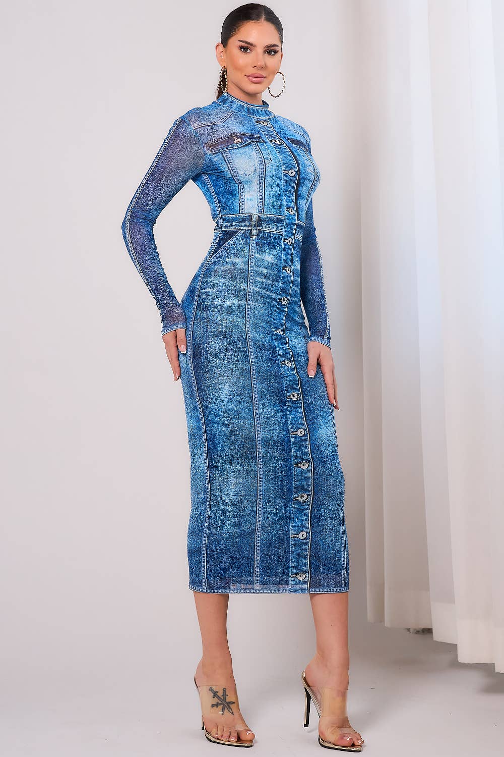 Denim Printed Midi Dress