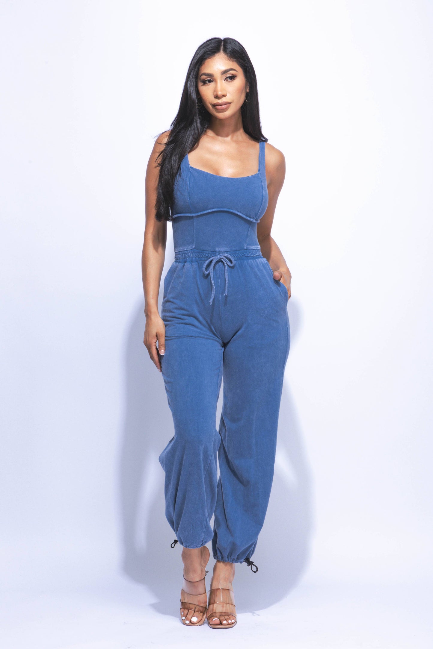 Washed jumpsuit with adjustable ankle