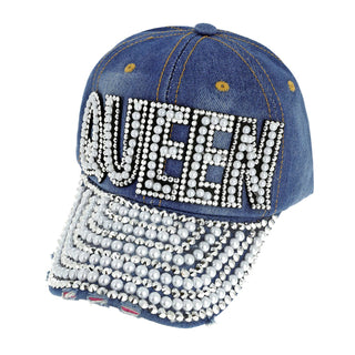 Rhinestone and Pearl QUEEN Denim Baseball Cap