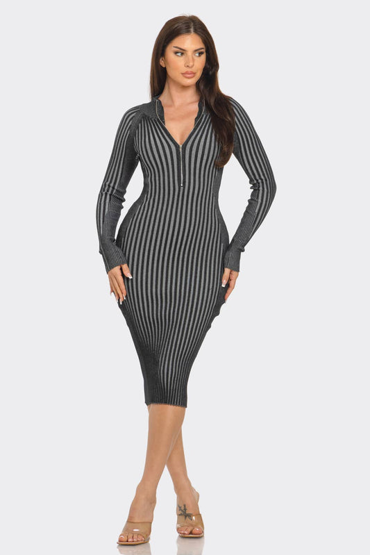 Sweater Rib Long Sleeve Front Zipper Detail Midi Dress