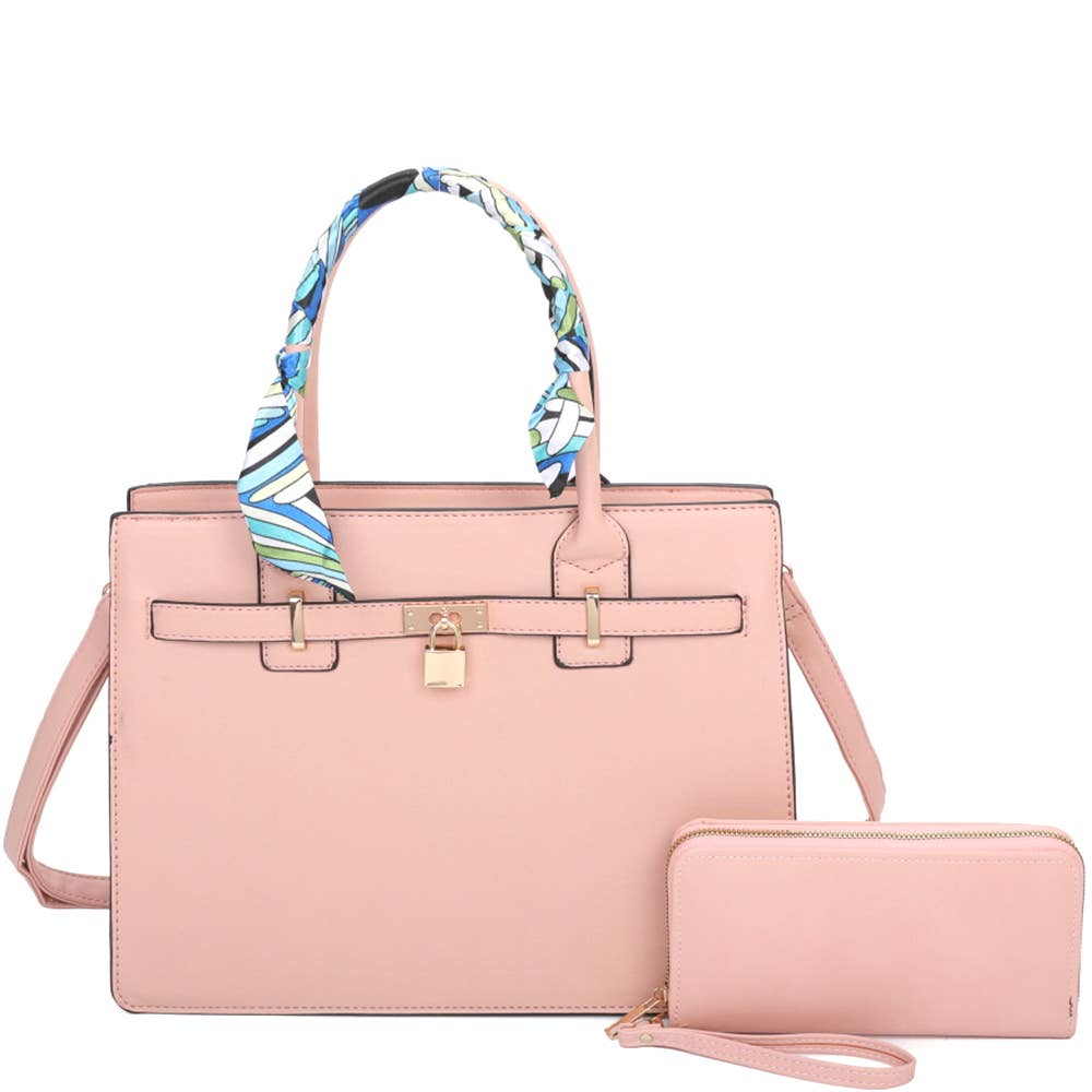 CHIC SCARF HANDLE LOCK SATCHEL BAG with Wallet