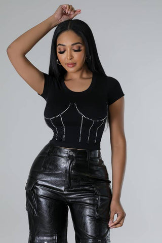 Bustier Rhinestones Cropped Short Sleeve