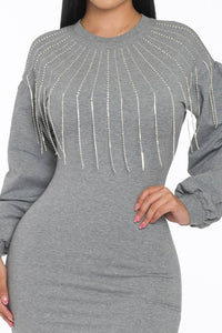 RHINESTONES FRINGE SWEATER-DRESS: BLACK / M