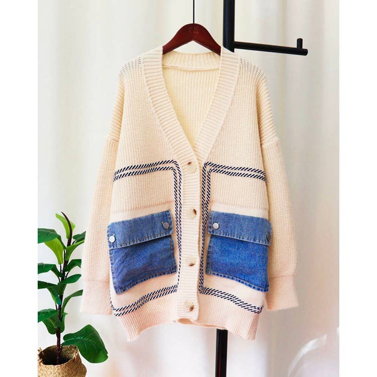 Women Cardigan Sweater Long Sleeve Denim Pockets