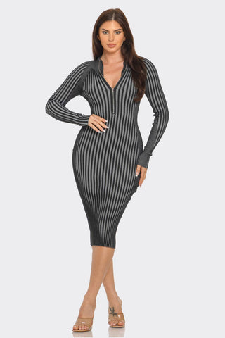 Sweater Rib Long Sleeve Front Zipper Detail Midi Dress