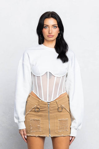 Mesh bustier boning detail fleece sweatshirt