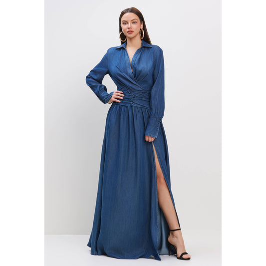 DENIM SURPLICE FRONT SHIRRED WAIST MAXI DRESS