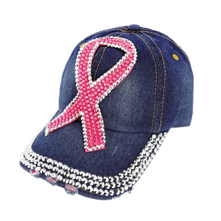 Rhinestone Pink Ribbon Denim Baseball Cap