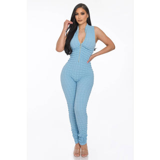 Popcorn Textured O Ring Half Zip Long Jumpsuit