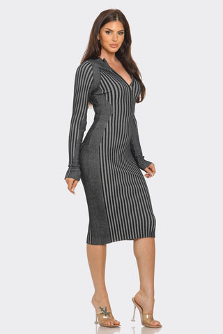 Sweater Rib Long Sleeve Front Zipper Detail Midi Dress