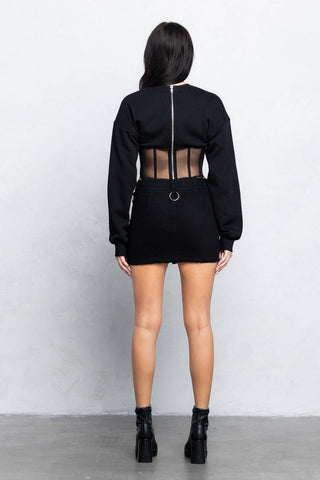 Mesh bustier boning detail fleece sweatshirt