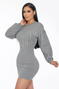 RHINESTONES FRINGE SWEATER-DRESS: H.GREY / L
