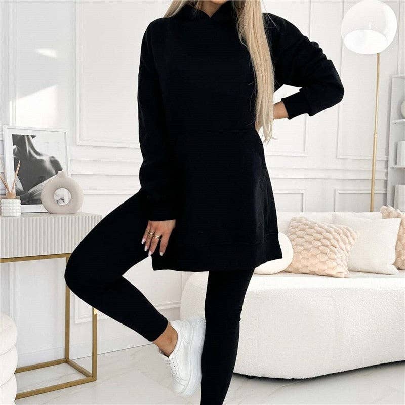 Solid Color Hoodie And Ribbed Leggings Two-Piece Set