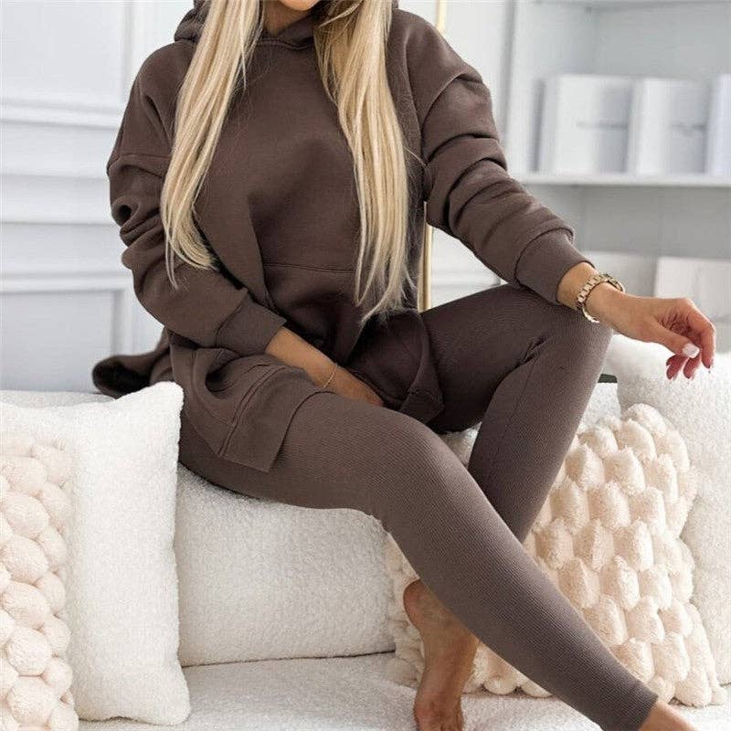 Solid Color Hoodie And Ribbed Leggings Two-Piece Set