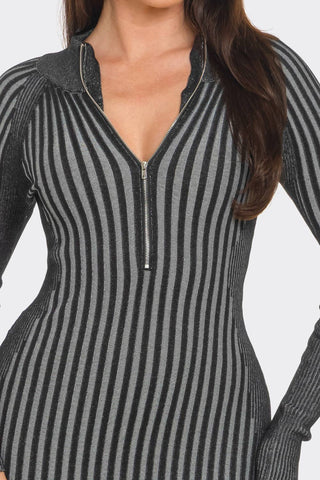 Sweater Rib Long Sleeve Front Zipper Detail Midi Dress