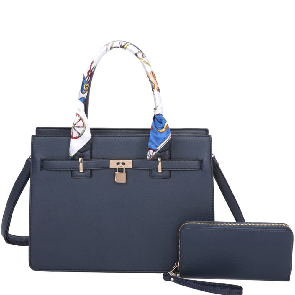 CHIC SCARF HANDLE LOCK SATCHEL BAG with Wallet