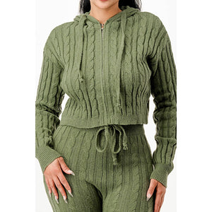 ZIP UP CABLE HOODIE SWEATER SET: HEATHER GREY / XL
