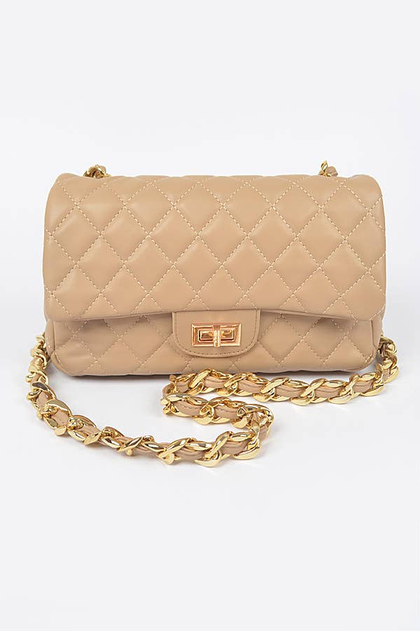 Quilted Faux Leather Shoulder Bag W/Oversized Chain