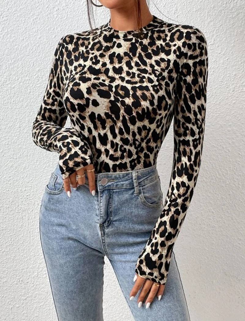 Fitted Leopard Print Long-Sleeve Top