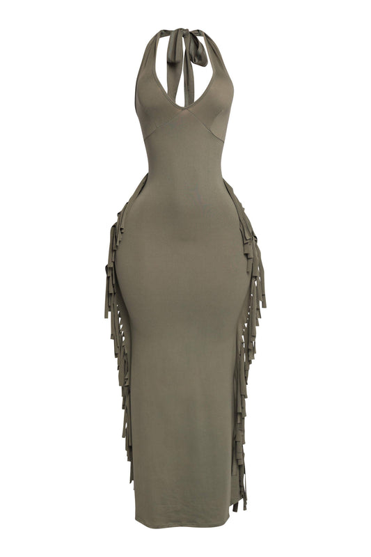 Fringe detailed halter dress