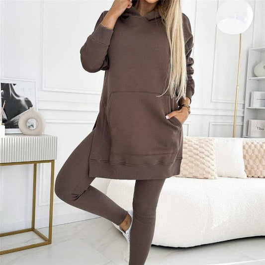 Solid Color Hoodie And Ribbed Leggings Two-Piece Set