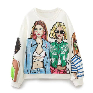 Modern Ladies Print Loose Fleece Sweatshirts