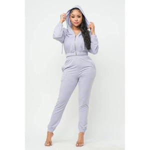 French Terry Drawstring Hoodie and Jogger Set: GREY / S