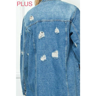 Plus Size Distressed Long Denim Jacket