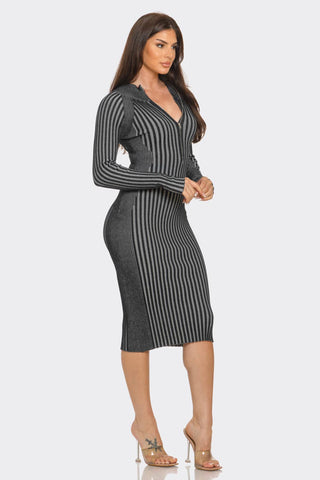 Sweater Rib Long Sleeve Front Zipper Detail Midi Dress