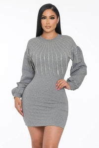 RHINESTONES FRINGE SWEATER-DRESS: BLACK / M